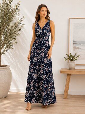 Lauren Ralph Lauren Navy Floral Sleeveless Jersey Maxi Dress Sz 4P